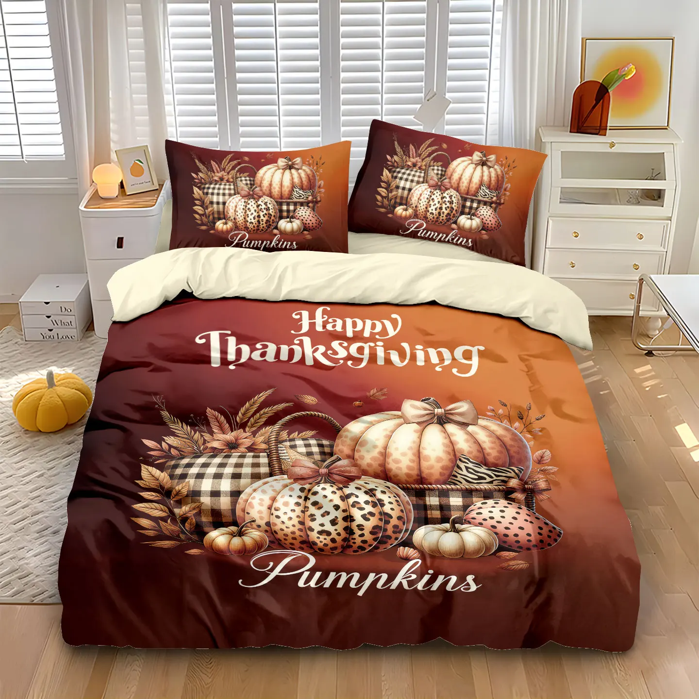 3pcs Autumn Harvest Pumpkin Thanksgiving Printed Chipless Bedding Set, Multi Size Bedding Decoration for Bedroom and Dormitory,