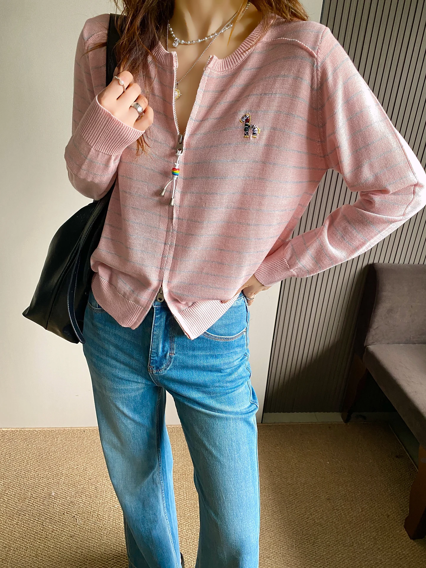 

Korean Sle Embroidered Double Zipper Knitted Casual Loose Women's Sweater Coat Spring 2026 Breathable Soft Long Sve Top