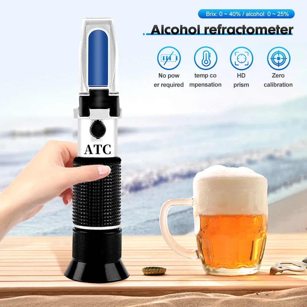 Handheld Alcohol Refractometer SG 1.000-1.130 Beer Alcoholometer Hydrometer Brix 0-40% Wort Sugar Alcohol 0-25% Dual Scale Meter