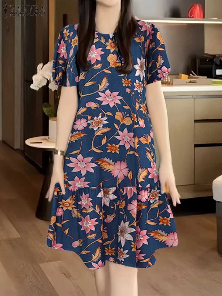 ZANZEA Femme ourlet à volants Robes florales 2025 été manches courtes bouffantes col rond Robes décontractées Femme vacances a-ligne Robes