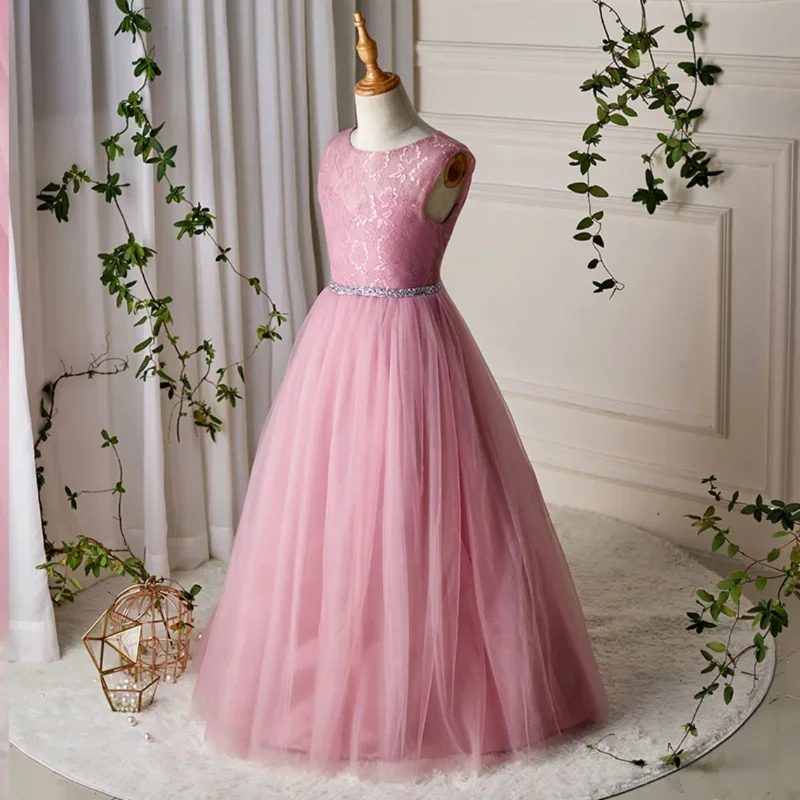 Spitze Blumen mädchen Kleider ärmellose A-Linie O-Ausschnitt bodenlangen Prinzessin Kleid für Hochzeit Brautjungfer Erstkommunion Abschluss ball Party