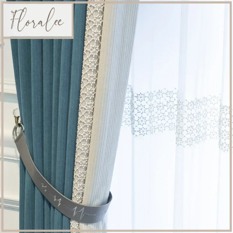Customized Blue Beige Jacquard Chenille Lace Patched Curtains For Living Room Bedroom French Window Balcony Villa Finished