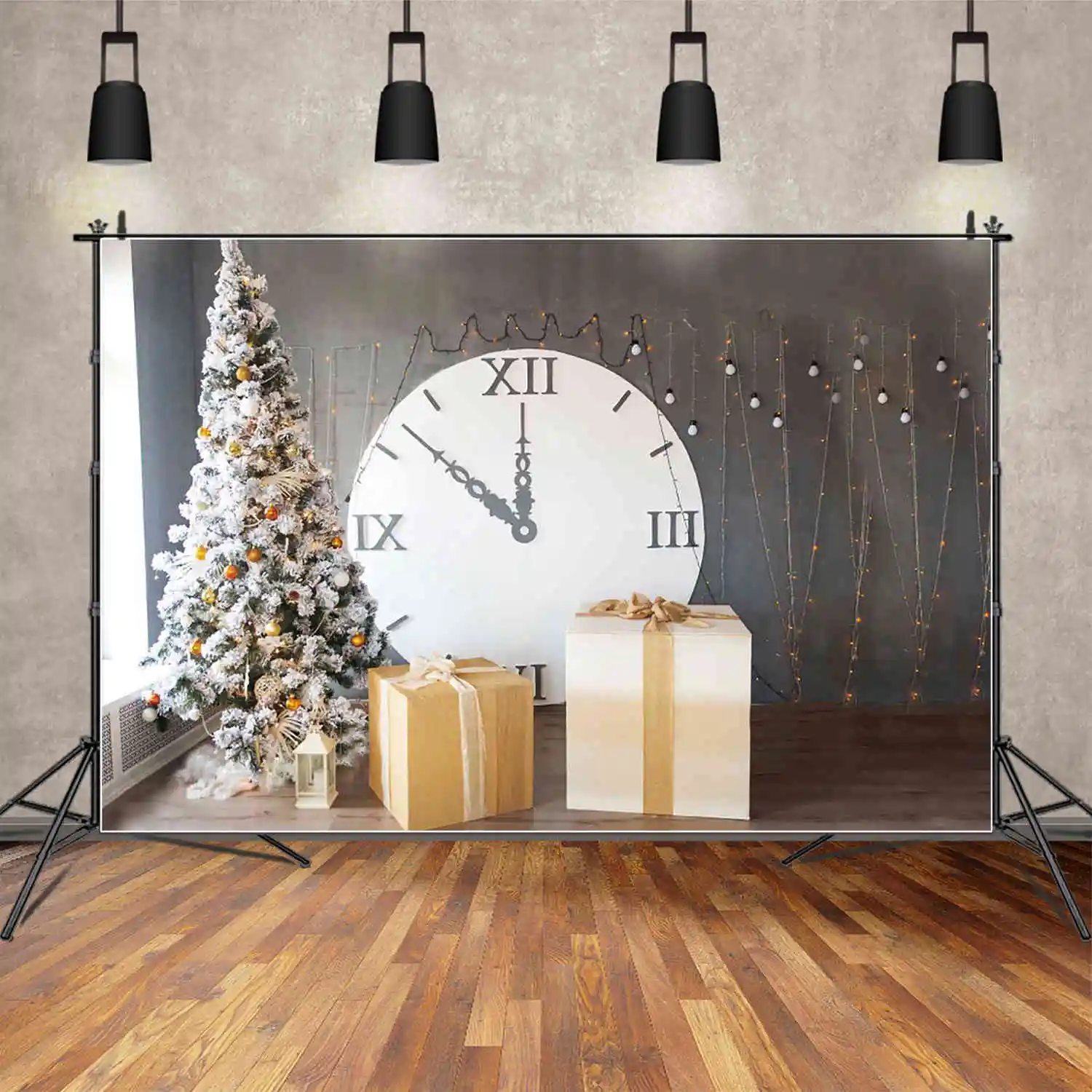 MOON.QG Snowy Christmas Photography Backdrop Clock Gifts Xmas Trees Photozone Background Baby Photo Studio Photocall Supplies