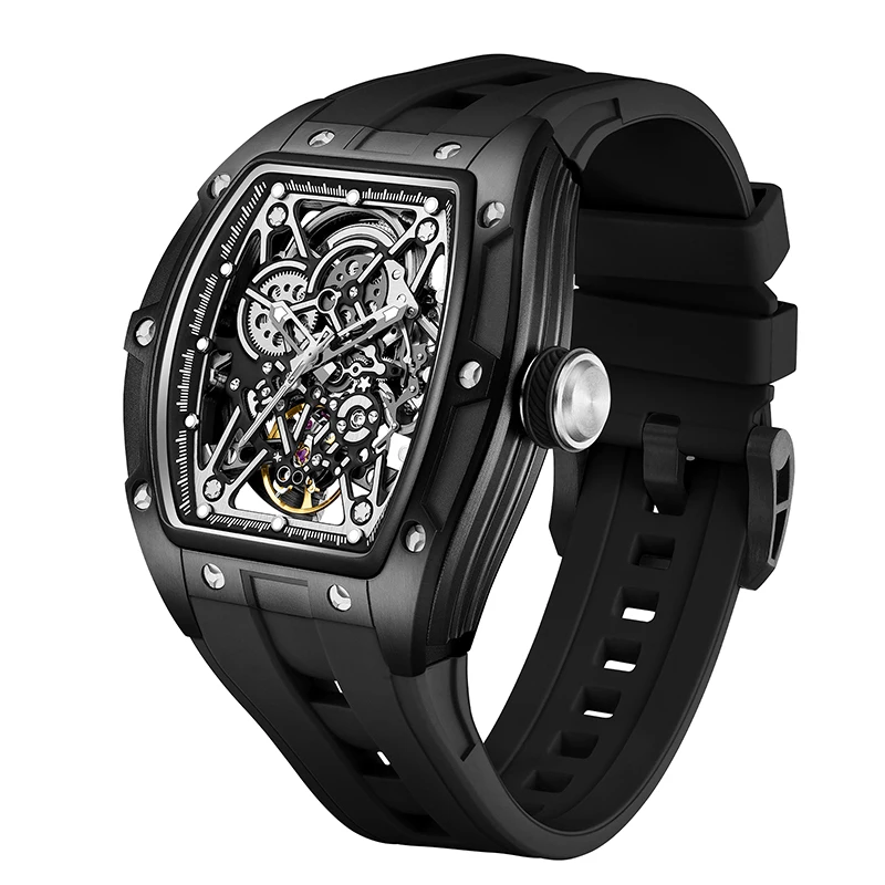 الساعات الميكانيكية الجوف خارج الحركة التلقائية ساعات المعصم للماء سيليكون حزام الساعات تصميم DG