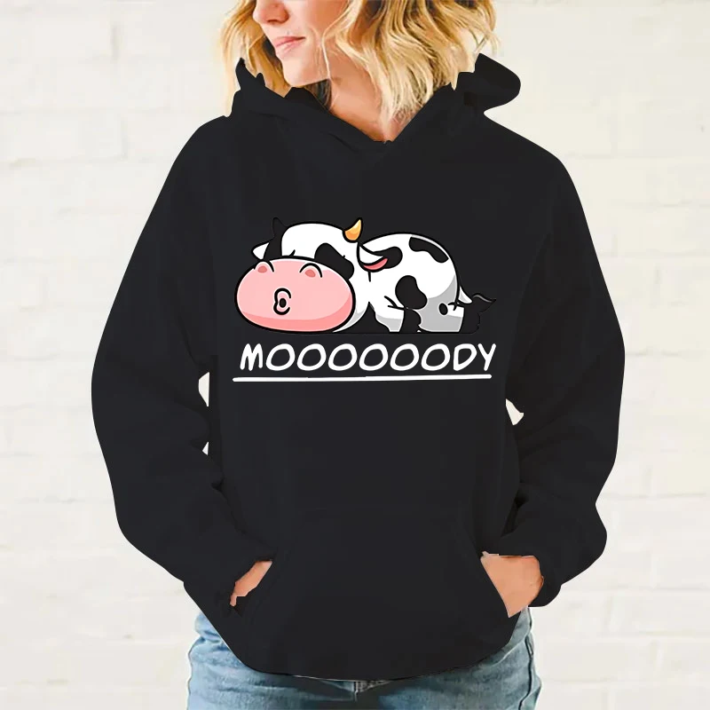 New Fashion Women Cows Moo Print Hooded Sweatshirt Autumn Leisure Sports Pullover Long Sleeve Casual Hoodies