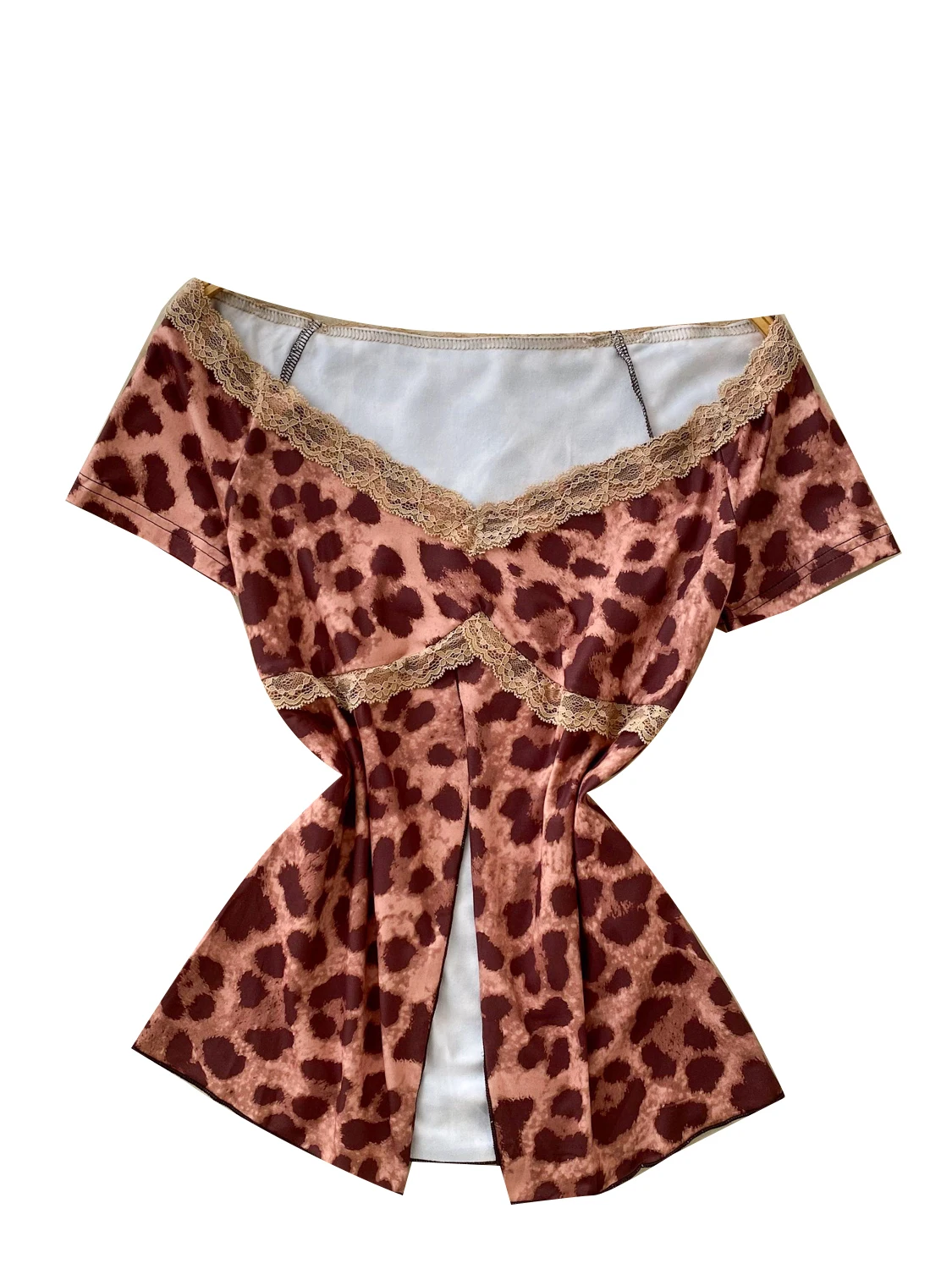 Cseta Sexy con empalme de encaje y hombros descubiertos para mujer, Top ajustado de manga corta con estampado de leopardo,...