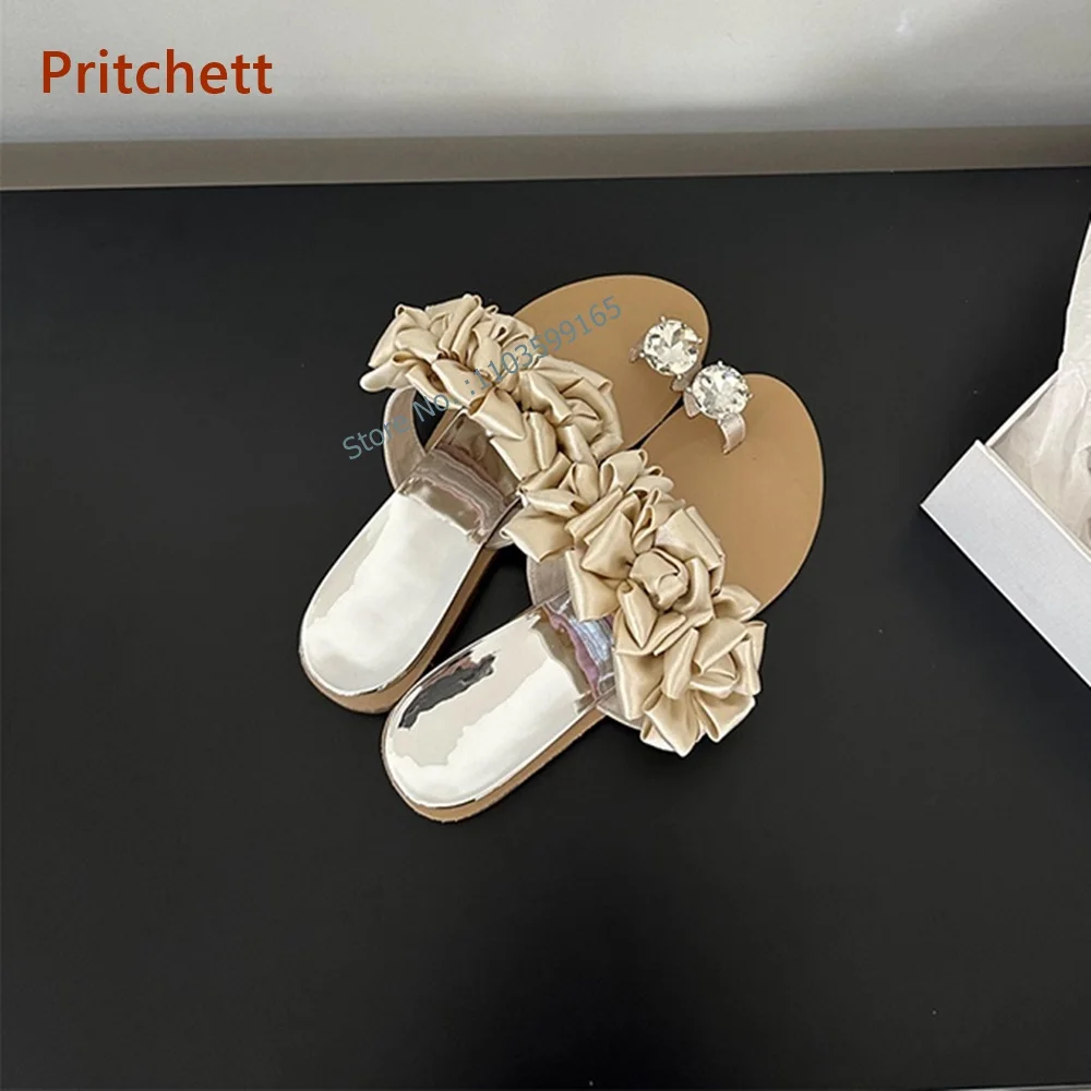 Flat with Rhinestone Women's Slippers Slip On Round Toe Flower Flip Flops Summer Concise Outdoor Anti-Slip Shoes Lovely Fashion