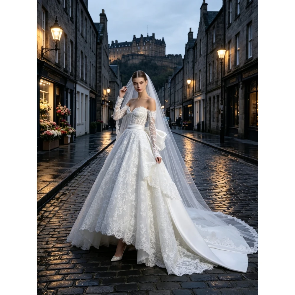 Customized Romantic Off Shoulder Lace Long Sleeved Wedding Dress 2026 Cathedral Trailing Bow Ball Gown Suitable for Banquets