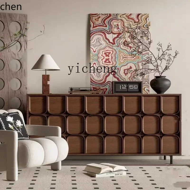 YFY retro entrance cabinet antique living room storage solid wood decorative relief side cabinet