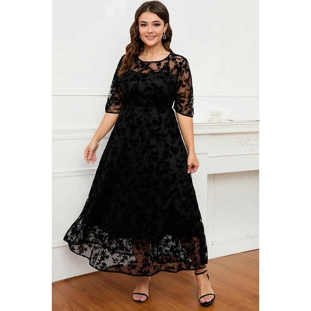 Plus Size Women\'s Casual Black Lace Flocked Mesh Velvet Double Layer Tunic Maxi Dress