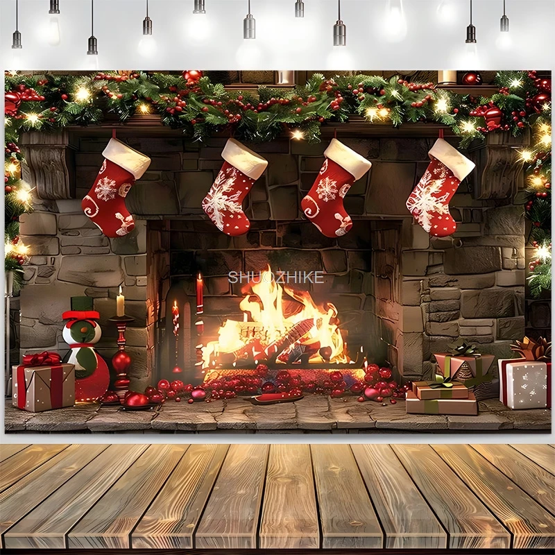

Merry Christmas Photography Backdrops Props Fireplace Pine Candy House Decoration Winter Wonderful New Year Background RD-54