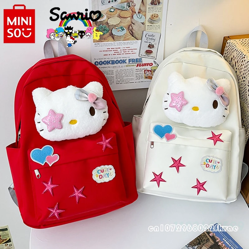 กระเป๋าเป้สะพายหลัง MiniSO Hello Kitty ใหม่สำหรับผู้หญิงกระเป๋าเป้นักเรียนแฟชั่นคุณภาพสูงลายการ์ตูนจุได้ขนาดใหญ่น่ารักกระเป๋าเป้เด็กผู้หญิง