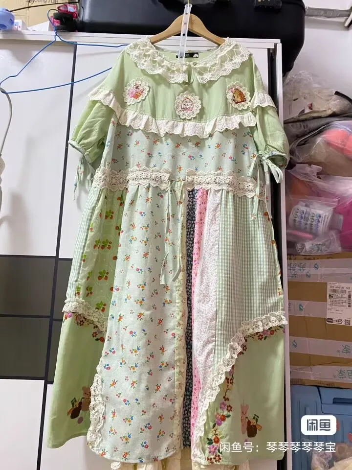 

Patchwork Cotton Ruffled Lace Embroidery Midi Dress for Women Summer Vintage Cottagecore Harajuku Rococo Long Dress