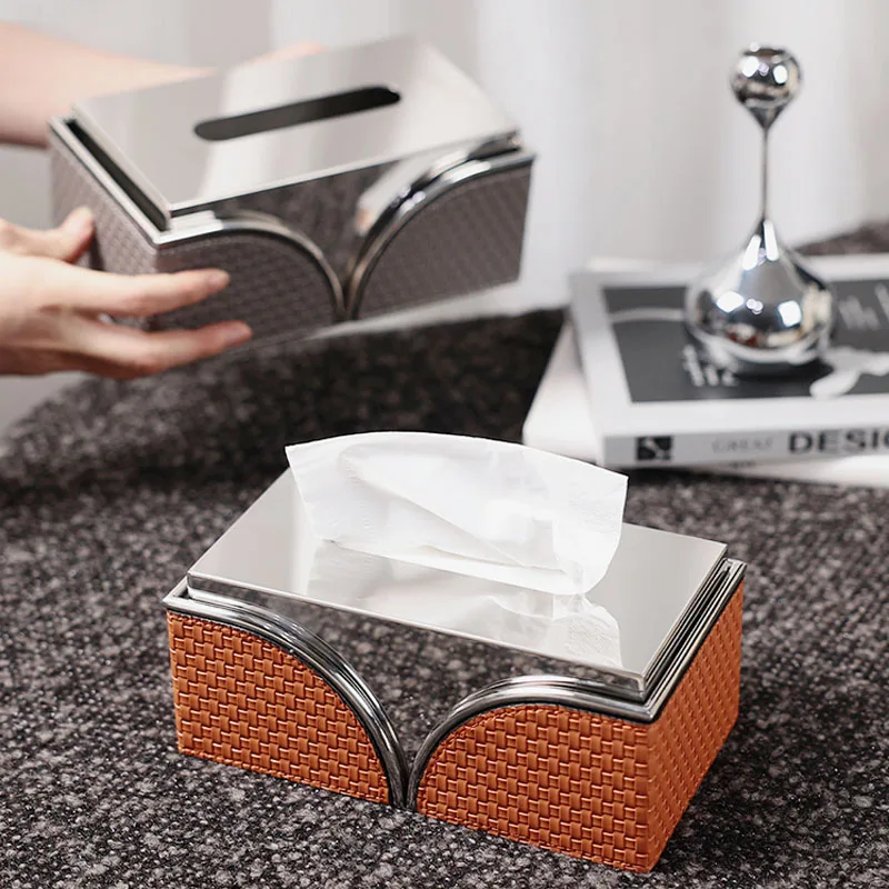 Modern Metal Leather Tissue Box Paper Box Decorations Negotiation Table Coffee Table Household Model Room Soft Decorations