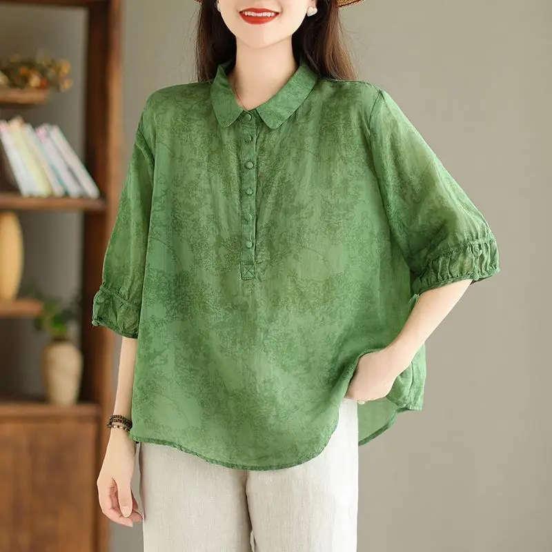 Chinese Style Summer Women Jacquard Pure Cotton Lapel Collar Shirt Vintage Middle Sleeve Thin Style Large Size Multicolor Tops