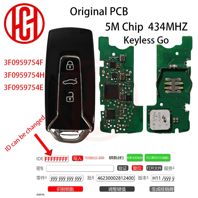 Original PCB 3F0959754E 3F0959754H 3F0959754F 5M Chip 434MHZ Keyless Go Remote Car Key For VW Touareg 2018+ MLB 3 Buttons