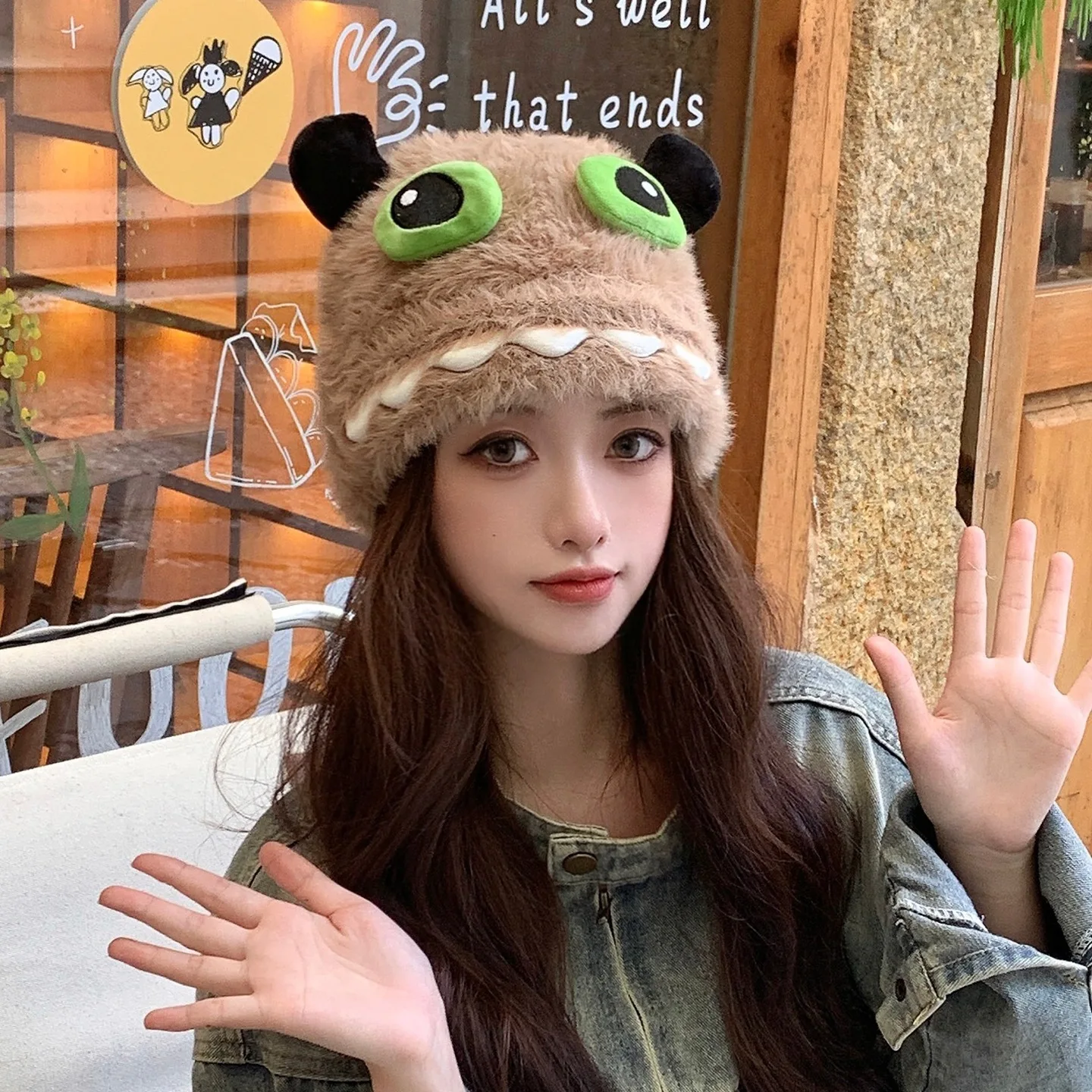 Hats Women's Autumn/Winter Small Fresh Plush Thick Knitted Cap Winter Cartoon Monster Warm Knitted Hat