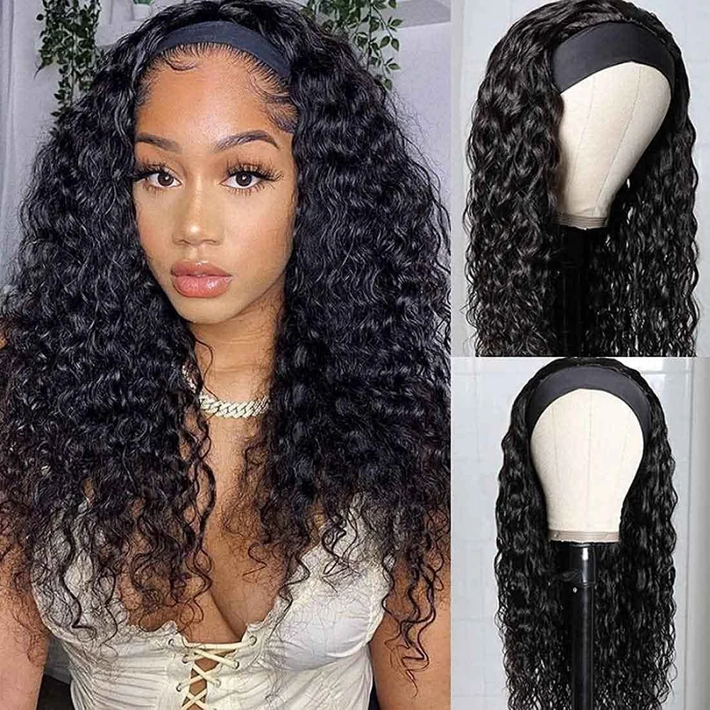 

Water Wave Headband Wigs Human Hair Brazilian Remy Curly Wigs Human Hair For Women 180% Density Easy To Wear Human Hair Wig