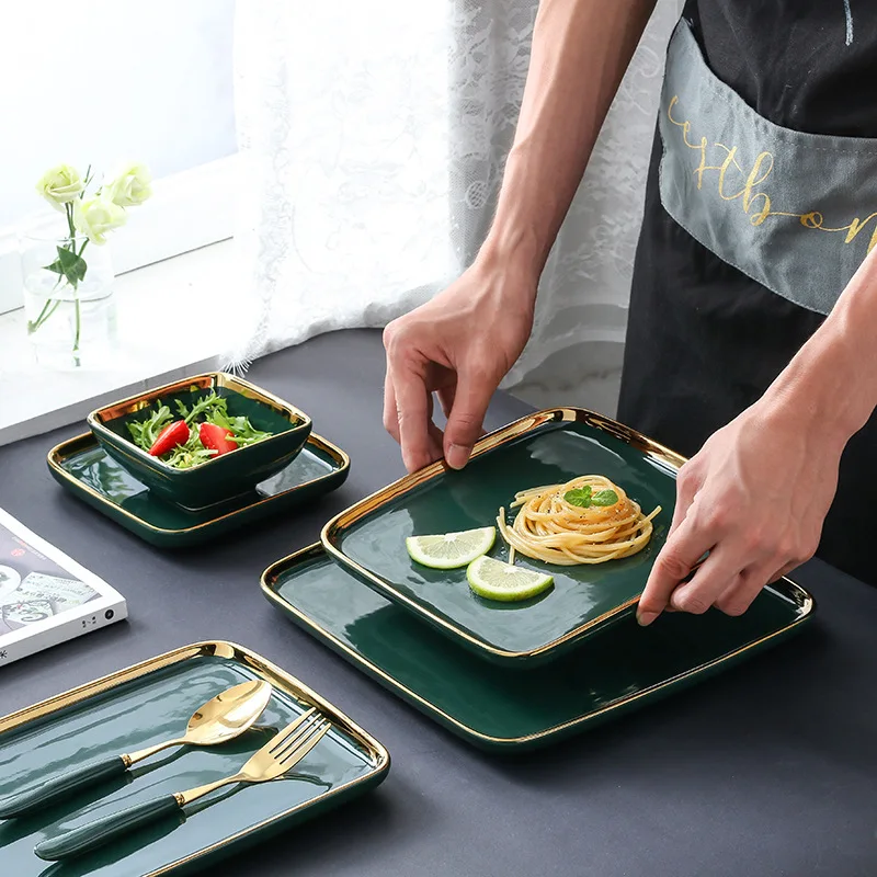 Modern Luxury Dark Green Ceramic Dinner Plate Dinner Cooking Dishes Home Golden Border Porcelain Steak Pasta Plate Tableware Set