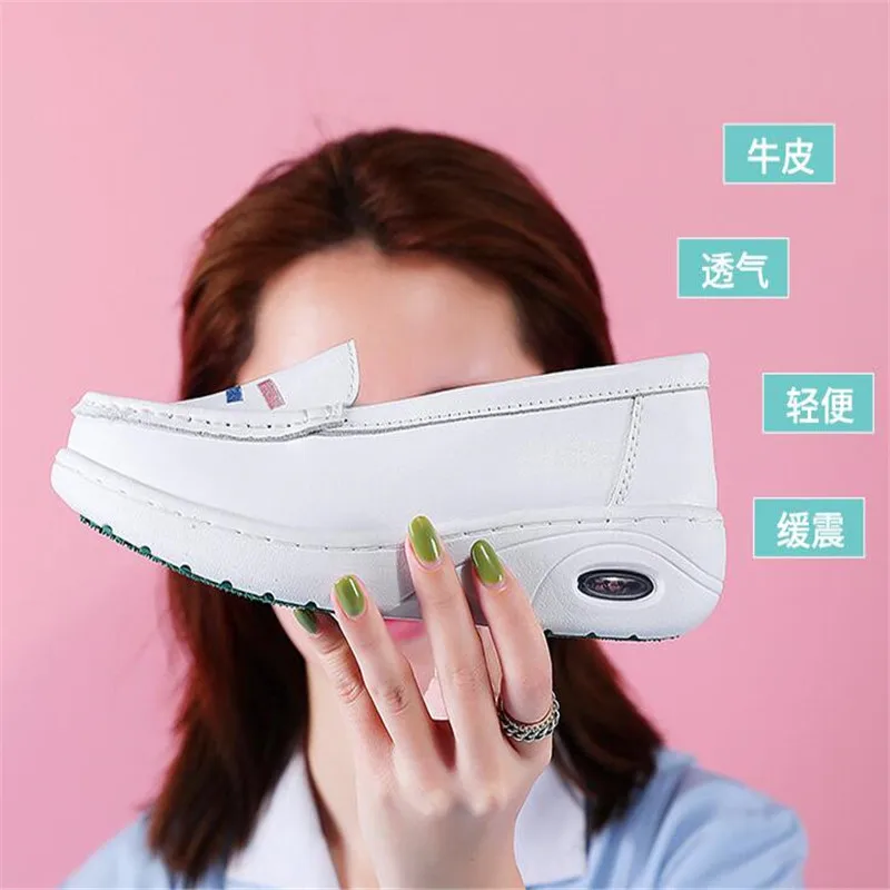 Women White Nurse Shoes Soft Sole Genuine Leather Female Slip-on Ballet Footwear Nurse Work Loafers High Quality Plus Size 34-40