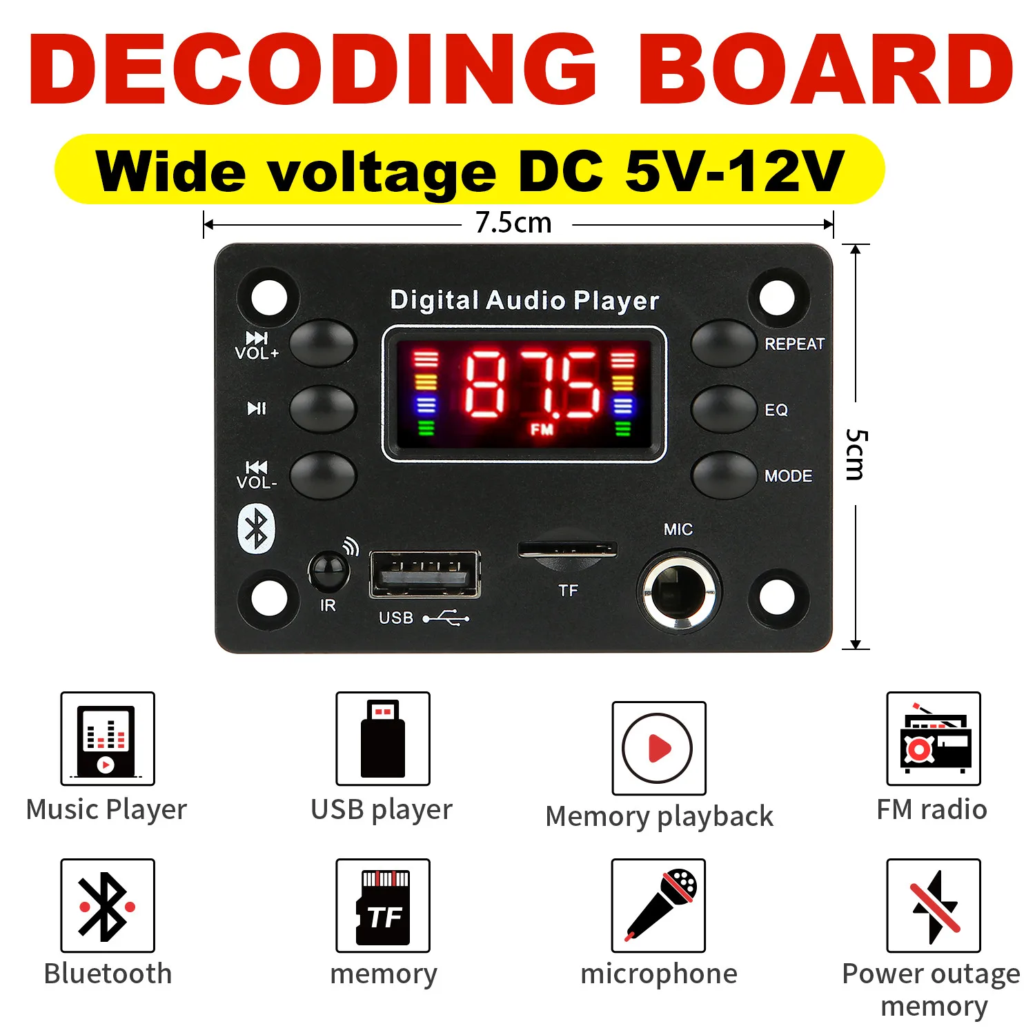 DC 5V 12V Bluetooth 5.0 MP3 WMA WAV APE Decoder Board Hands-free Car Audio Microphone USB TF FM Radio Mp3 Music Player Speaker