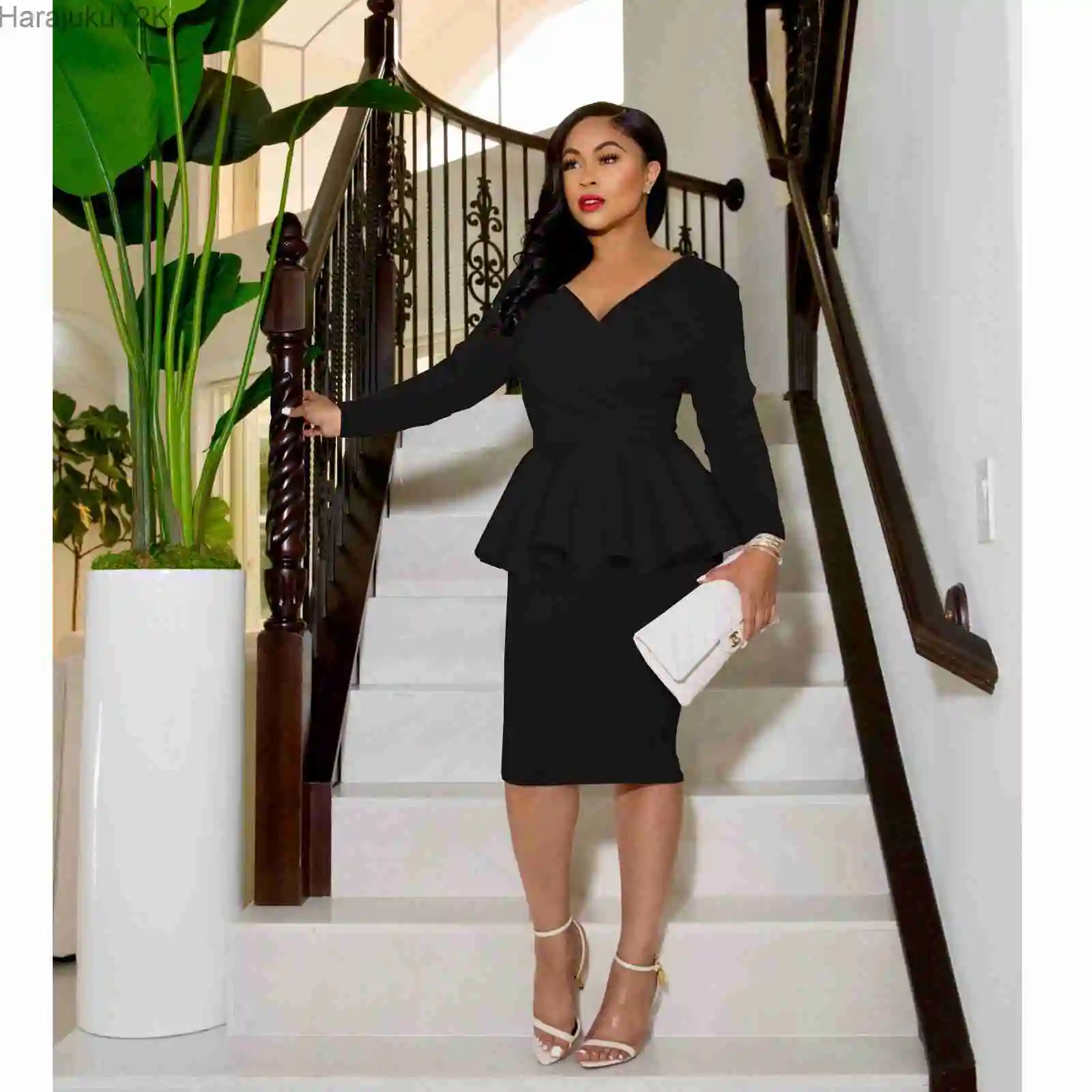 

2022 Autumn/Winter Women's Dresses Long Sleeves Fashion Sexy V-Neck Ruffles Back Zipper Pack Buttocks Elegant Women's Dresses