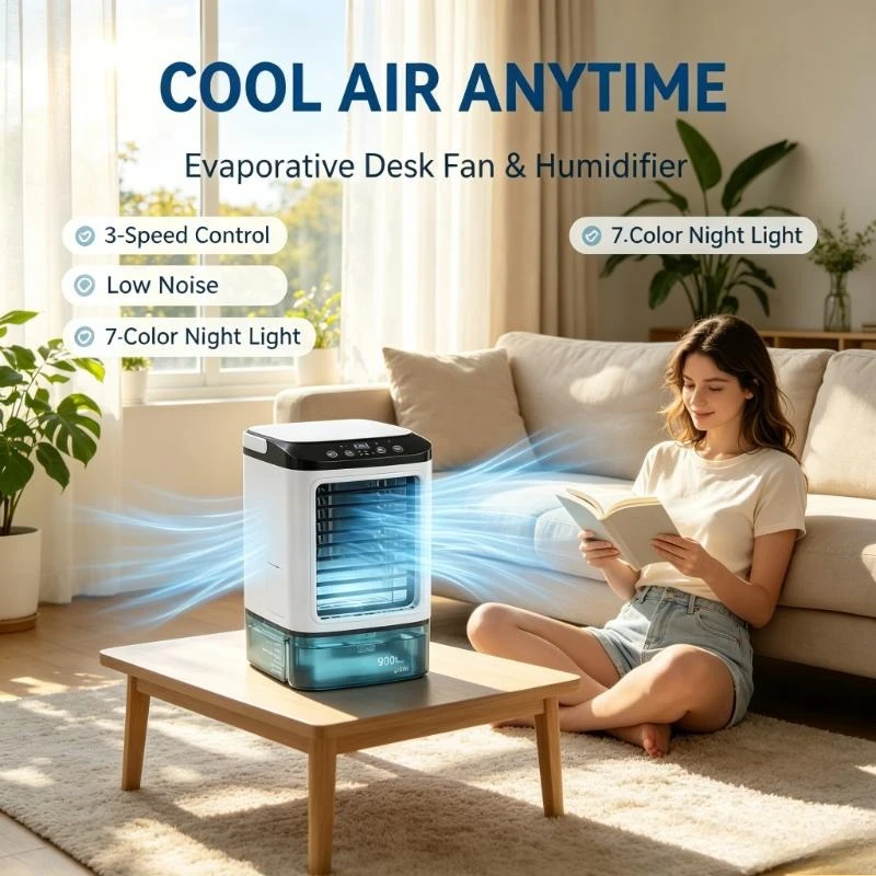 Humidifier Rechargeable Mini Air Cooler 900ml Tank 3-Speed Evaporative Desk Fan with 7-Color Night Light for Bedroom Travel