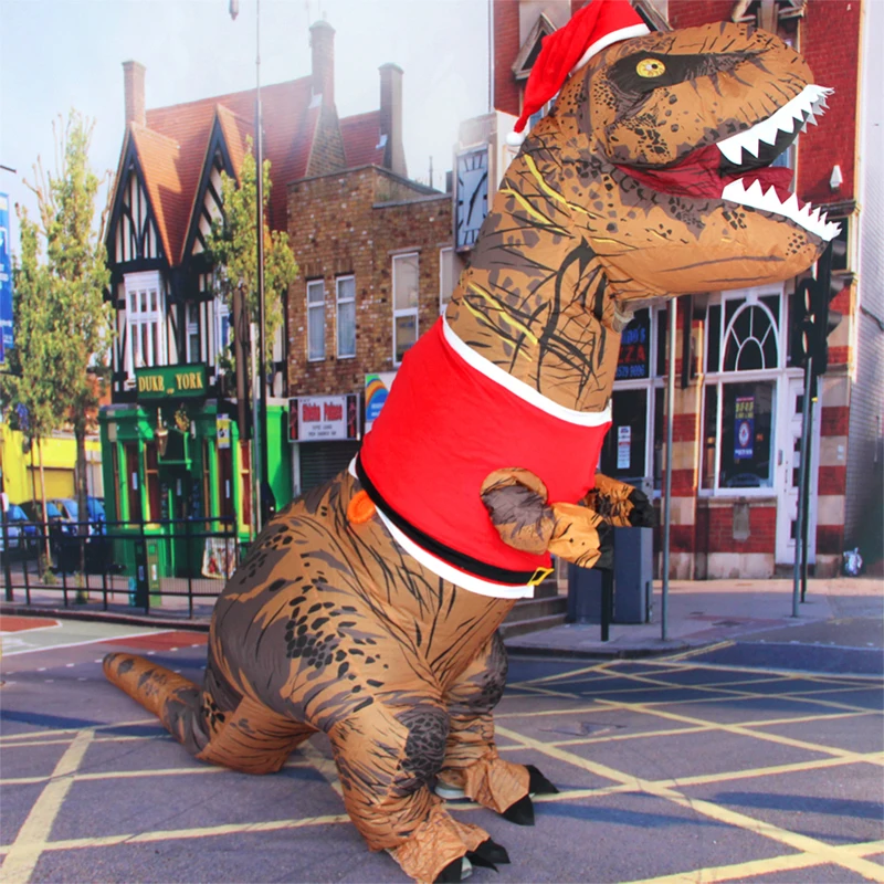 Costume gonfiabile di dinosauro di natale con cappello di vestiti di natale Tyrannosaurus Rex Mascot Fancy Dress abbigliamento Party Performance