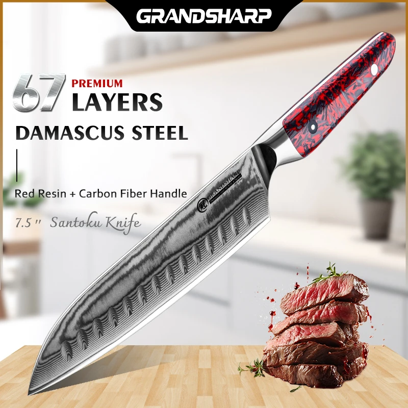 

Grandsharp 7.5" Knife 67 Layers Damascus Steel Kitchen Knives With Red resin + Carbon Fiber Handle Meat Santoku Knife