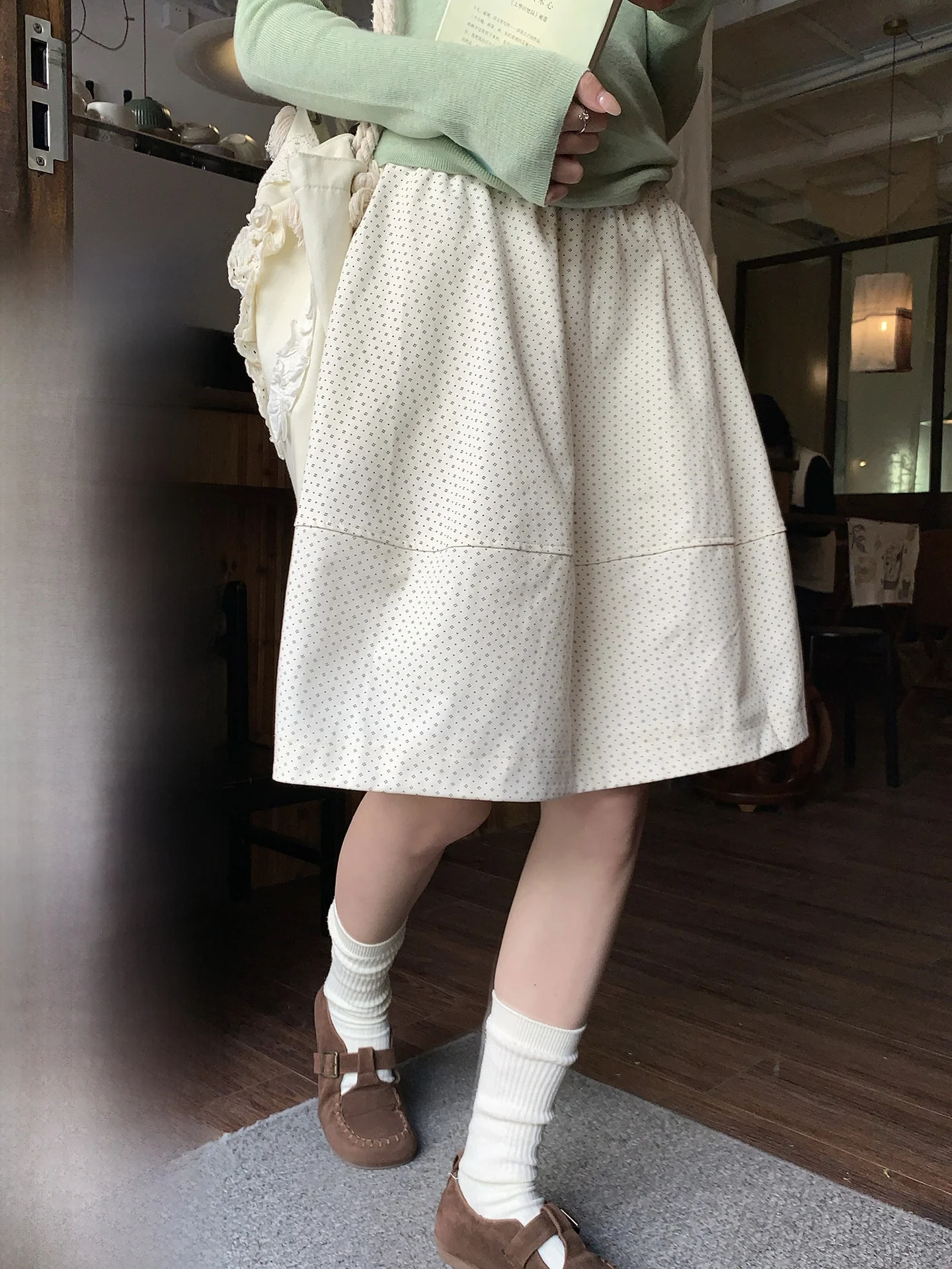 

Holli Korean Sle Polka Dot Elastic Waist A-Line Midi Skirt Spring 2026 New Arrival Ladies Casual op Commute Work