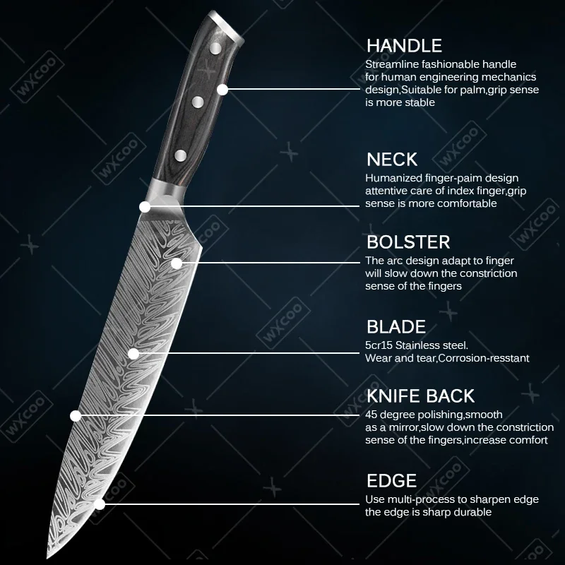 WXCOO High Carbon Stainless Steel Boning Knife Damascus Steel Pattern Cleaver Kitchen Chef Knives Set Fruit Bread Santoku Knife