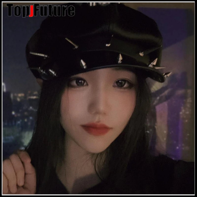 Harajuku Gothic Lolita Cool Punk  Skull Spike Cap Biker NewsBoy Flat Cap Mens Women Unisex Beret PU Leather Cap