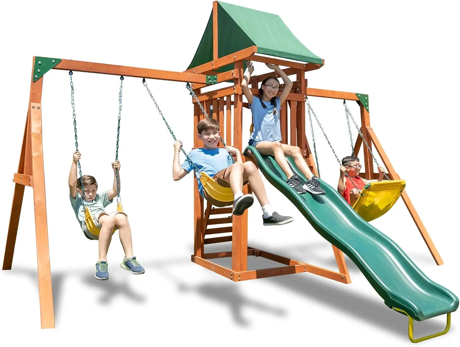 Wood Swing Set with 3 Swings, Slide, and Covered Deck with Slide