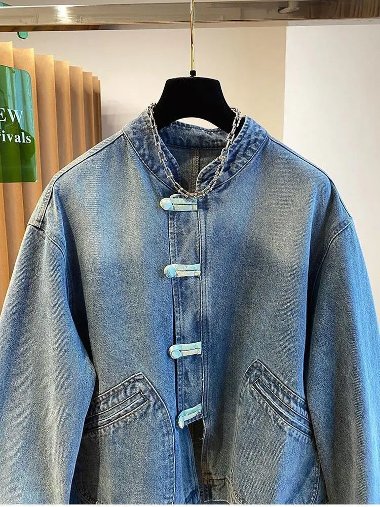 

Loose Oversize Denim Jaet with Button New Chinese National Sle for Men And Women Spring Autumn Vintage Slimming Top