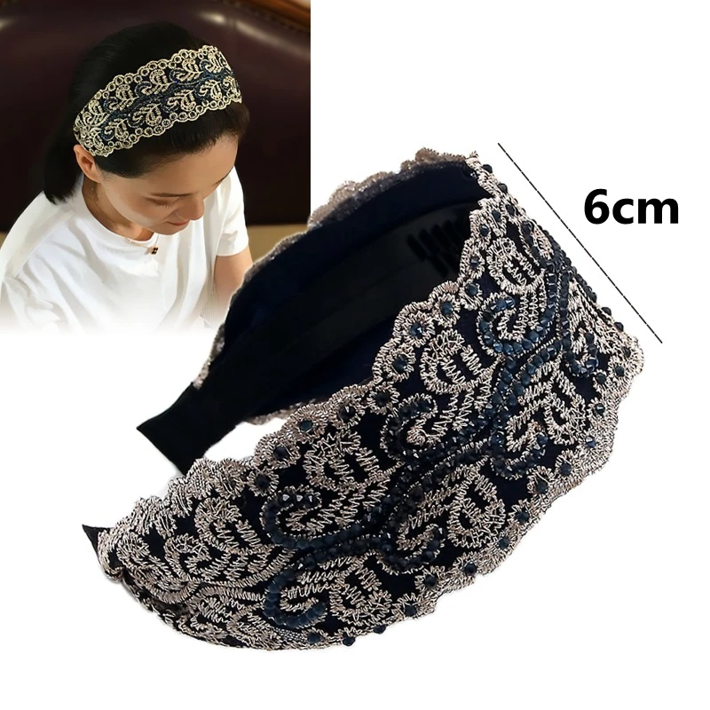 1Pc Rhinestone Wide-brimmed Headband Women Solid Color Lace Hairband knitting Hair Hoop Girls Retro makeup Hair Accessories