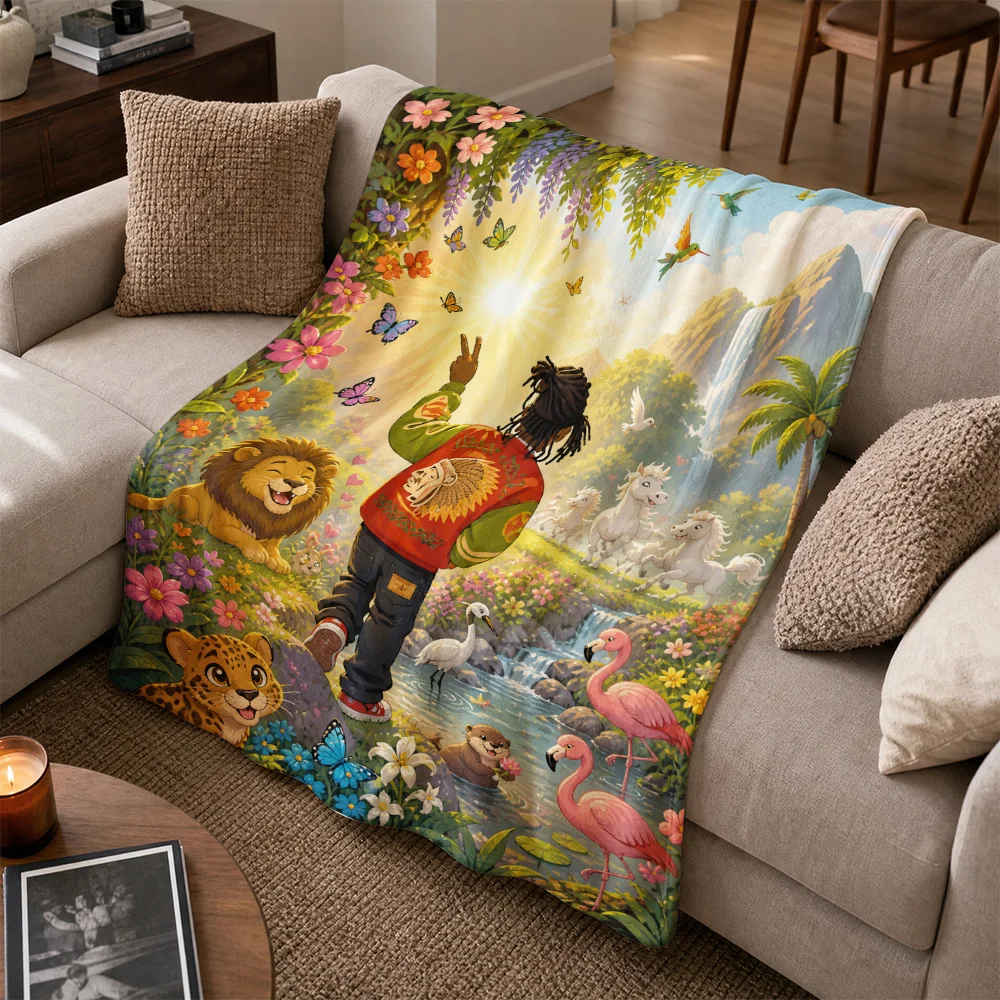 Whimsical Jungle Safari Animal Throw Blanket Couch Decor Cover for Living Room Home Nursery Kids Wildlife Lion Flamingo Print