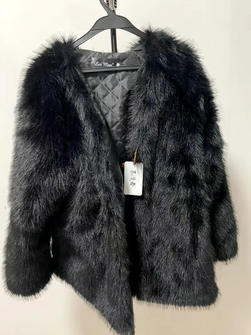 Large Size Imitation Fox Fur Coat for Women Warm and Thick Fake Fur Jacket Black Overcoat Korean Plush Fluffy Faux Fur Coat