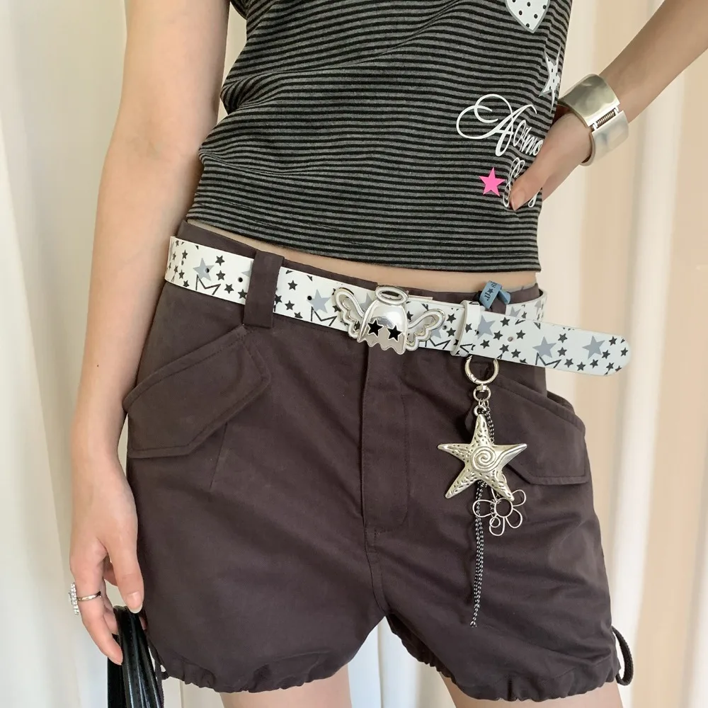 PU Leather Strap Women Waist Belt Casual All Over Star Print Star Print Belt Adjustable Pink Bow Decor Decorative Jean Belt