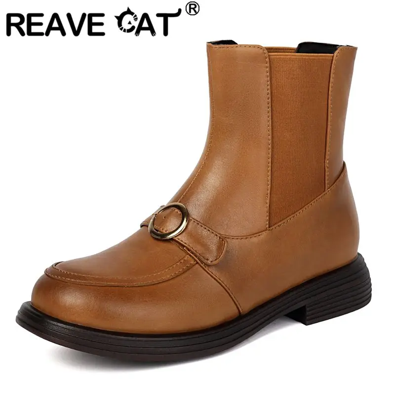 

REAVE CAT Black Female Short Boots Round Toe 3cm Thick Heels Slip On Bowknot Large Size 44 45 46 Casual Daily Chelsea Booties