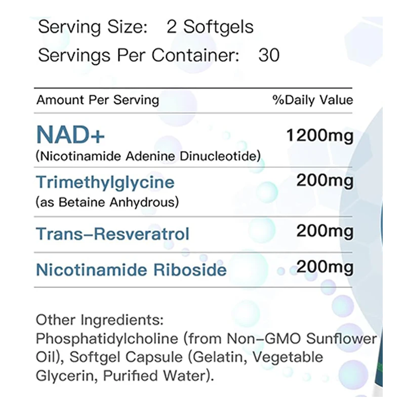 Liposomal NAD+supplements contain nicotinamide nucleoside, trans resveratrol, anti-aging defense, and cellular energy