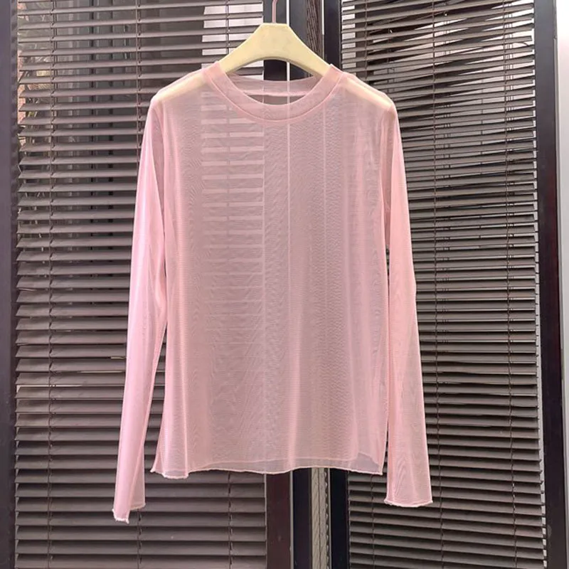 Xpqbb Women Transparent Mesh T Shirt Candy Colors Thin Basic Sheer Blouses Woman Summer See-Through Black Long Sleeve Tees Tops