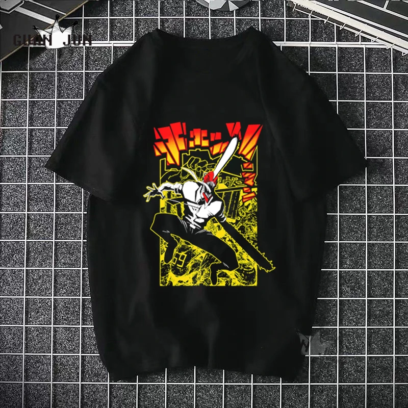 EU Size 100% Cotton Men T Shirt Chainsaw Man Tops Japan Style Anime Manga Summer Black Short Sleeved Tshirt Women