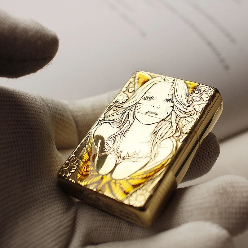 2026 New Brass Relief Kerosine Lighter, Retro Nine-tailed Fox Relief Grinding Wheel Lighter, Men's Collection Gifts
