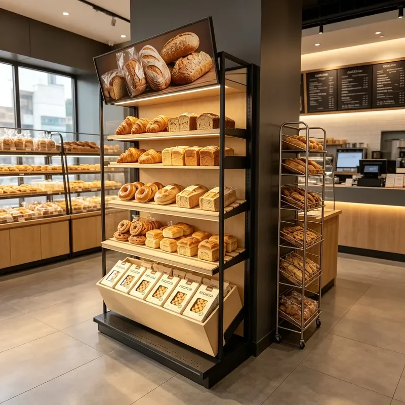 Commercial Wall Mounted Bakery Display Rack Steel Wood Bread Side Cabinet Multi Compartment Packaging Snack Storage Shelf