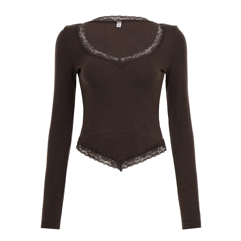 Damska bluzka z długim rękawem, na jedno ramię, z koronkowymi wstawkami, w stylu seksownej i pikantnej dziewczyny z 2025 roku, dopasowana dzianinowa bluzka w kropki.