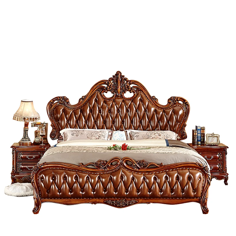 

Style Solid Wood Frame Bed Set Genuine Leather with Strong Durable Quality for Home Villa or Hotel Use