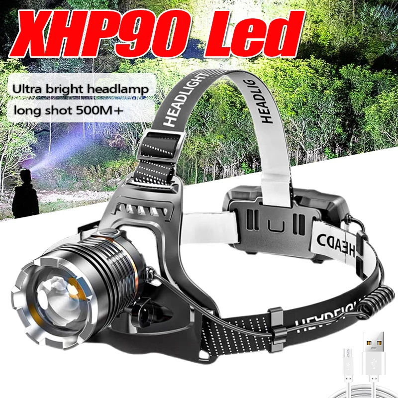 

Перезаряжаемый светодиодный налобный фонарь XHP90, водонепроницаемый налобный фонарь для рыбалки, поиска, кемпинга, налобный фонарик с зумом