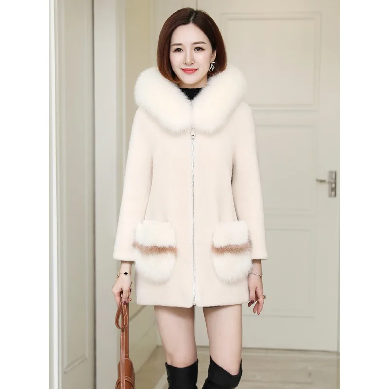 Cappotto in cashmere granulare versione coreana cappotto di pelliccia medio e lungo da donna collo in pelliccia di volpe di colore a contrasto pelliccia integrata giovane