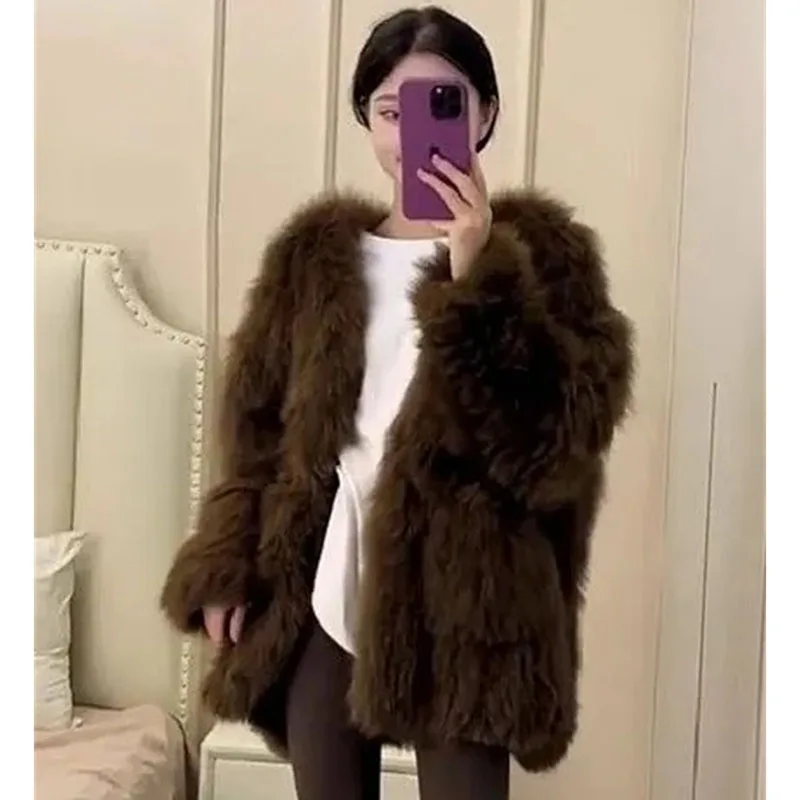 Chaqueta de felpa de manga larga para mujer europea, abrigo de piel sintética de Color sólido a la moda para mujer, prendas de vestir de piel de alta gama para Otoño e Invierno 2025