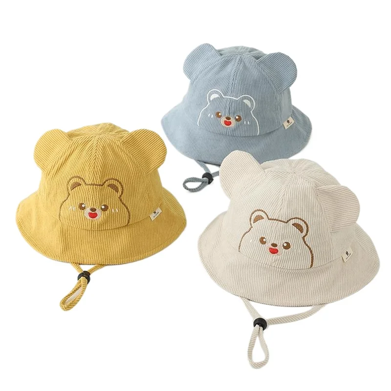 سروال قصير الطفل دلو القبعات لطيف الدب التطريز قبعة الخريف الفتيات الفتيان قبعة صياد مع حبل يندبروف قابل للتعديل 2-5Y #1